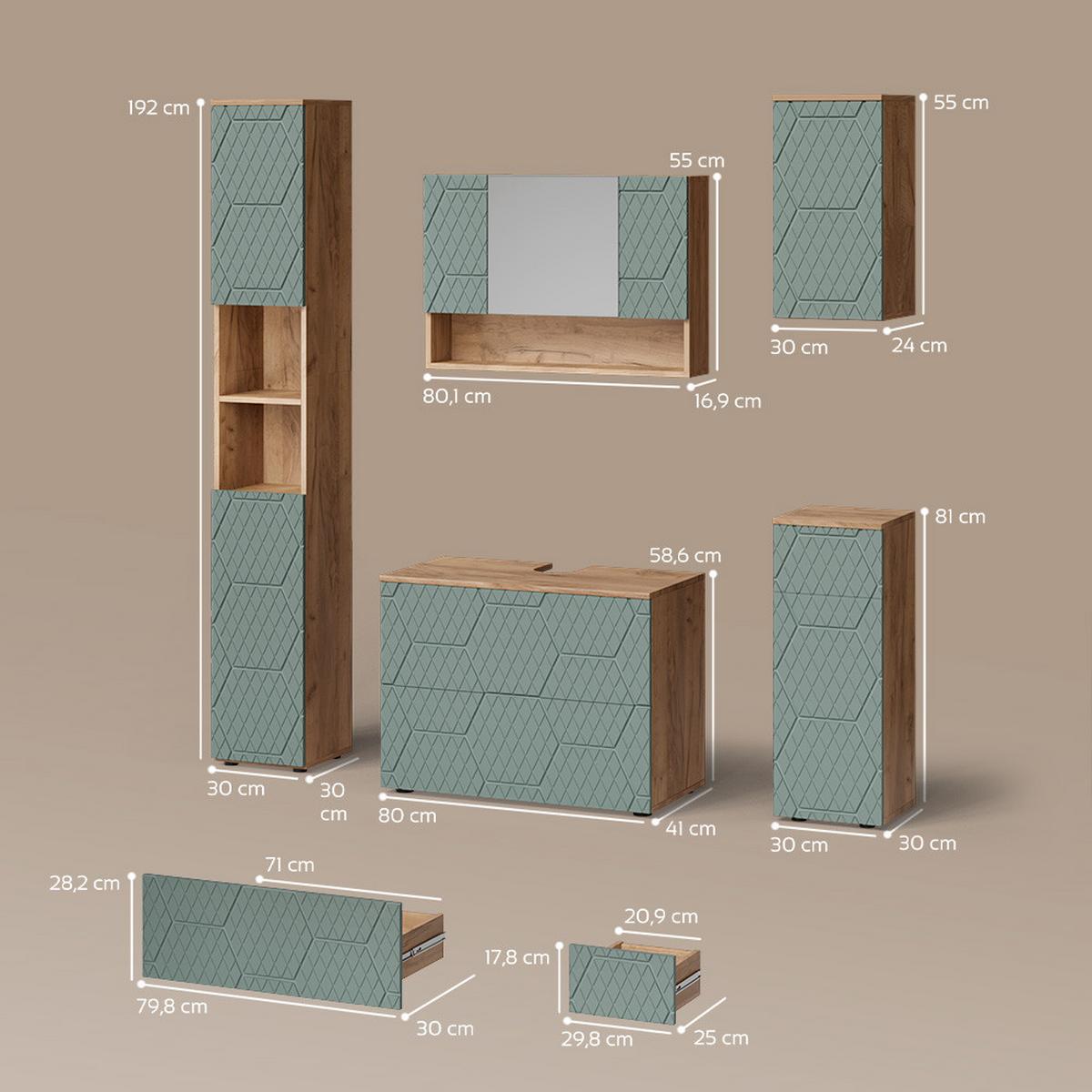 BADMÖBEL-SET Ronco Grün/Goldkraft Eiche 5 Teile - Honigeiche/Grün, Holzwerkstoff (80/58/41cm) - Livinity®