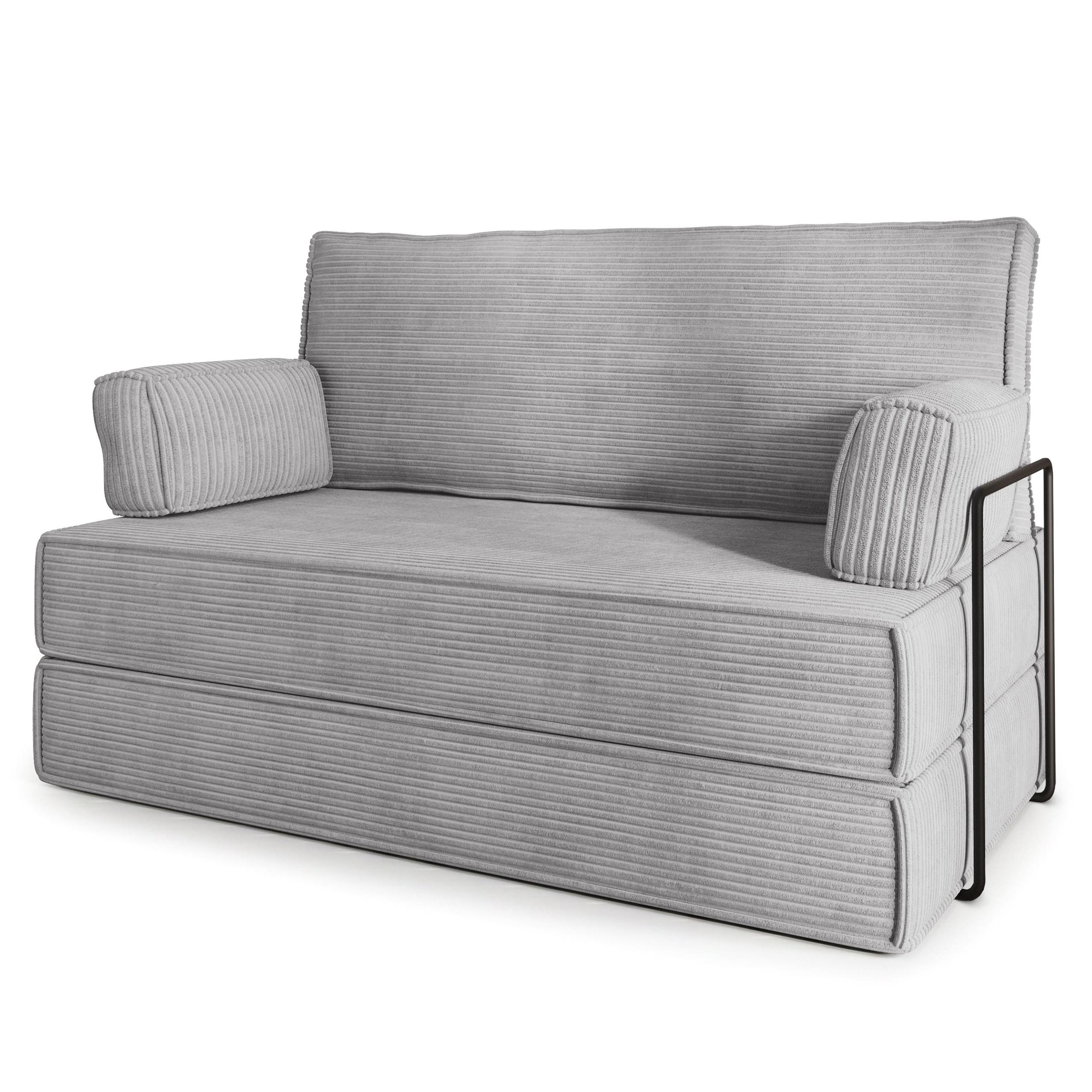 BETTSOFA LADIA aus Schaumstoff Kordstoff Hellgrau Schlaffunktion - Hellgrau, Textil (140/86/60cm) - MASSENO