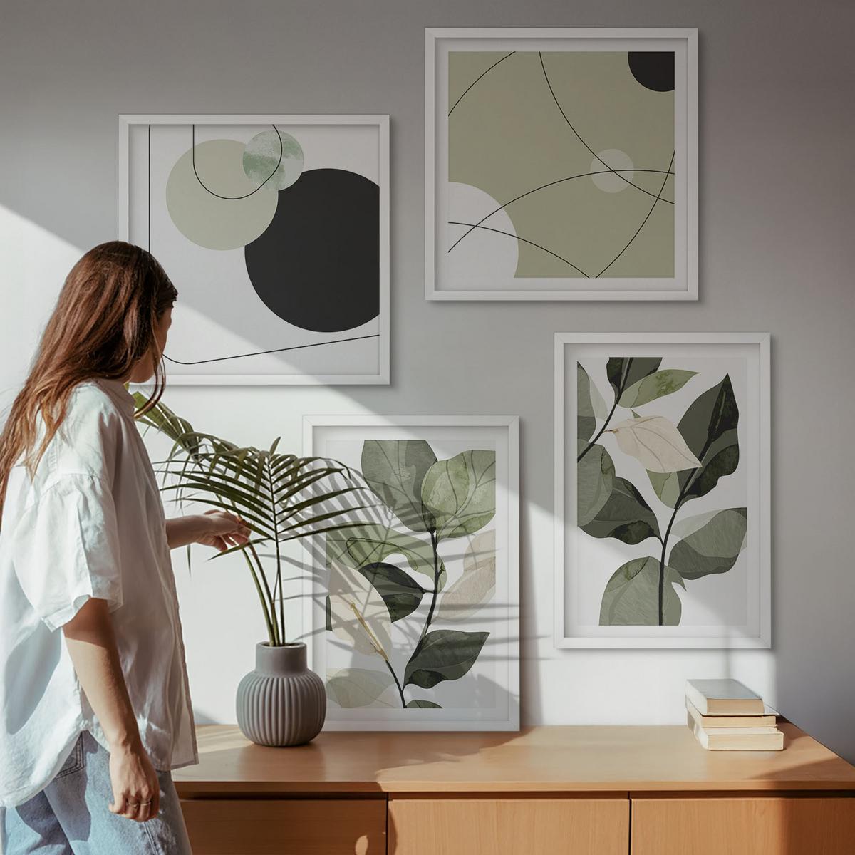 BILDER SET 4er Set - 50x50 cm & 40x60 cm Weißer Rahmen - Abstrakte Darstellung gemalter Blätter - Weiß, Kunststoff (50/50cm) - TULUP