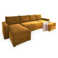 WOHNLANDSCHAFT DENI Gelb Velours-Stoff mit Schlaffunktion - Gelb/Grau, Holz/Kunststoff (295/85/140cm) - MASSENO