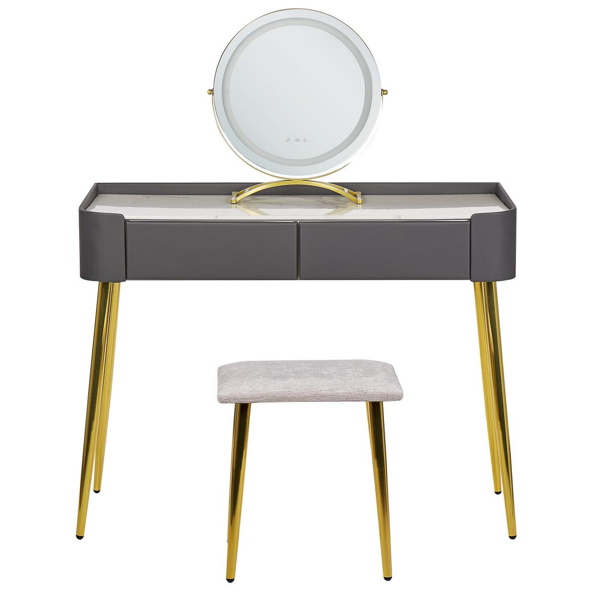 SCHMINKTISCH mit rundem LED-Spiegel Hocker 2 Schubladen grau/gold Surin - Goldfarben/Weiß, Holzwerkstoff (100/133/41cm) - Beliani