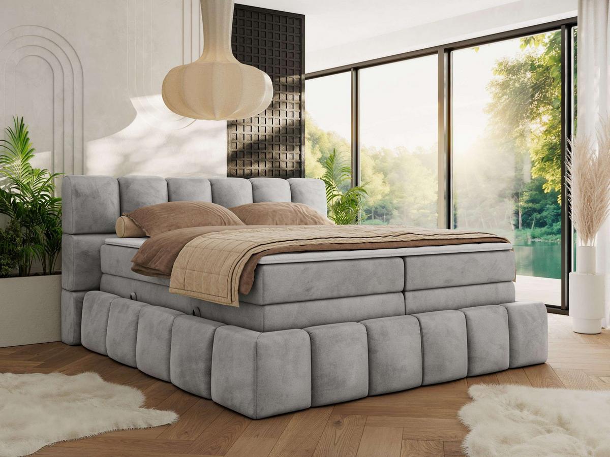 BOXSPRINGBETT NIRA KING 160/200 Hellgrau Velvet - H3 - Hellgrau, Holz/Textil (160/200cm) - MKS