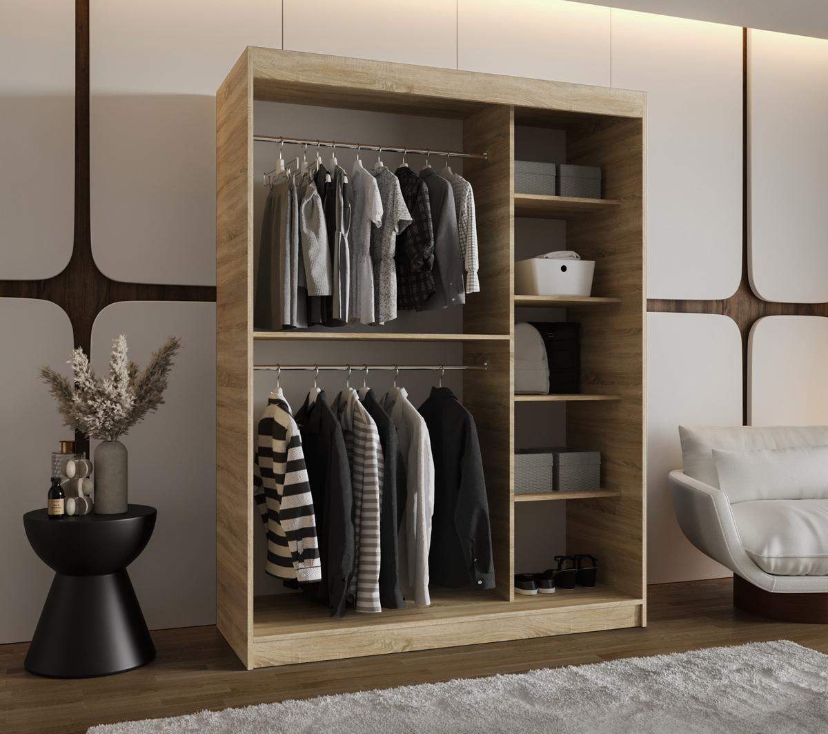 SCHIEBETÜRENSCHRANK mit Spiegel ULTRA 200/150/62 2-türig - Silberfarben/Sonoma Eiche, Holz (150/200/62cm) - MÖBEL KRYSPOL