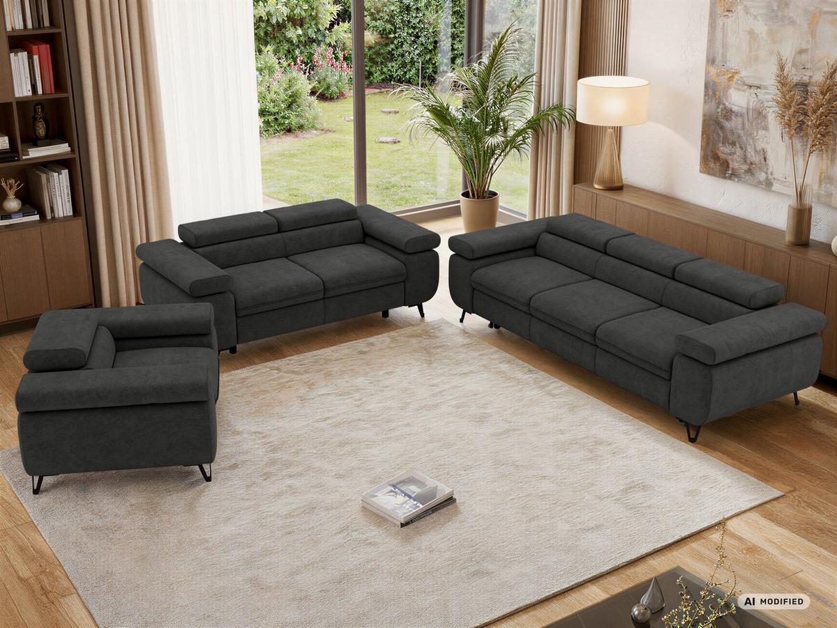 SITZGARNITUR PETER 1+2+3 mit Schlaffunktion - Dunkelgrau Stukture - Dunkelgrau/Graphitfarben, Textil/Metall (262/76/99cm) - MKS