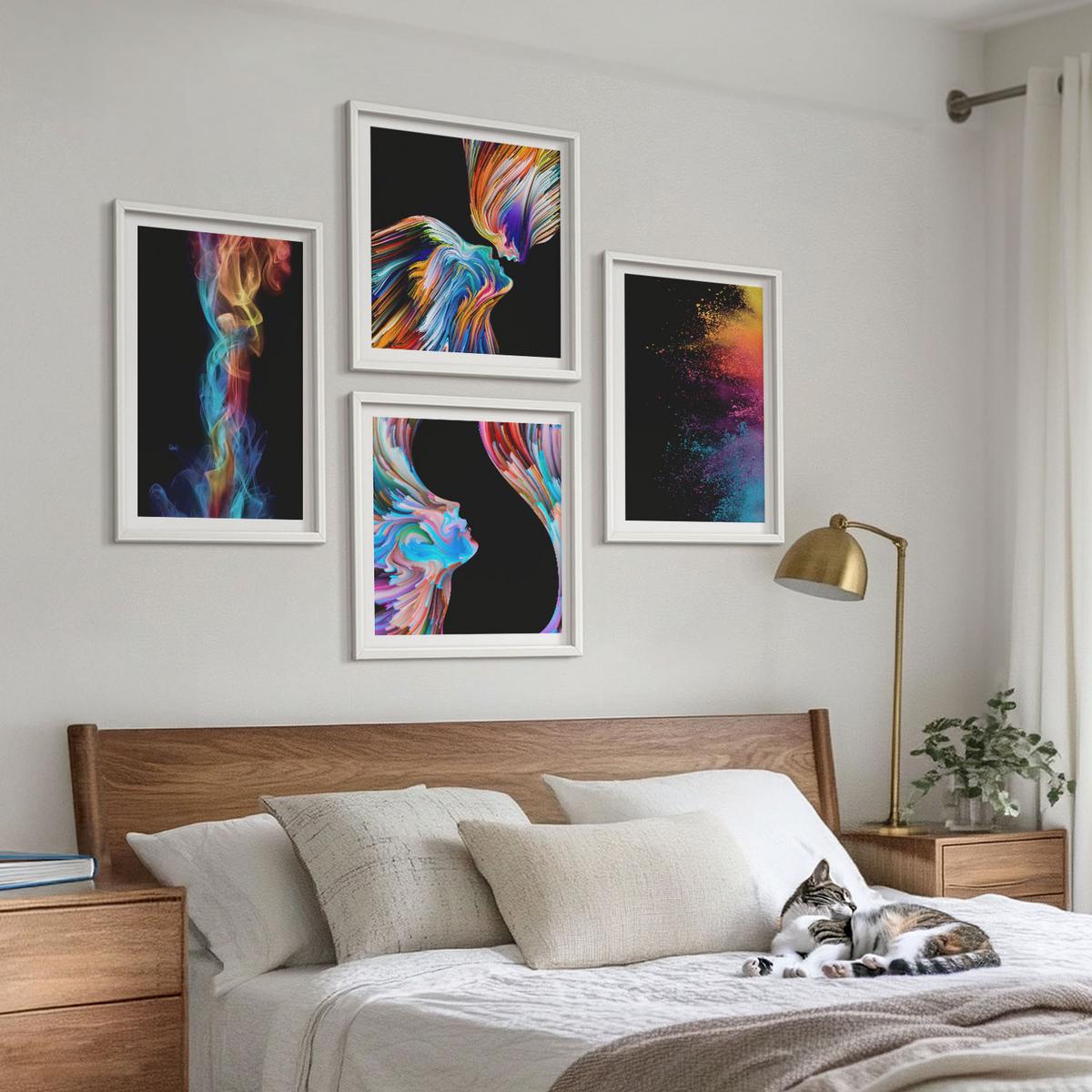 BILDER SET 4er Set - 50x50 cm & 40x60 cm Weißer Rahmen - Farbenfrohe Abstraktionen, Gesichter, Formen - Weiß, Kunststoff (50/50cm) - TULUP