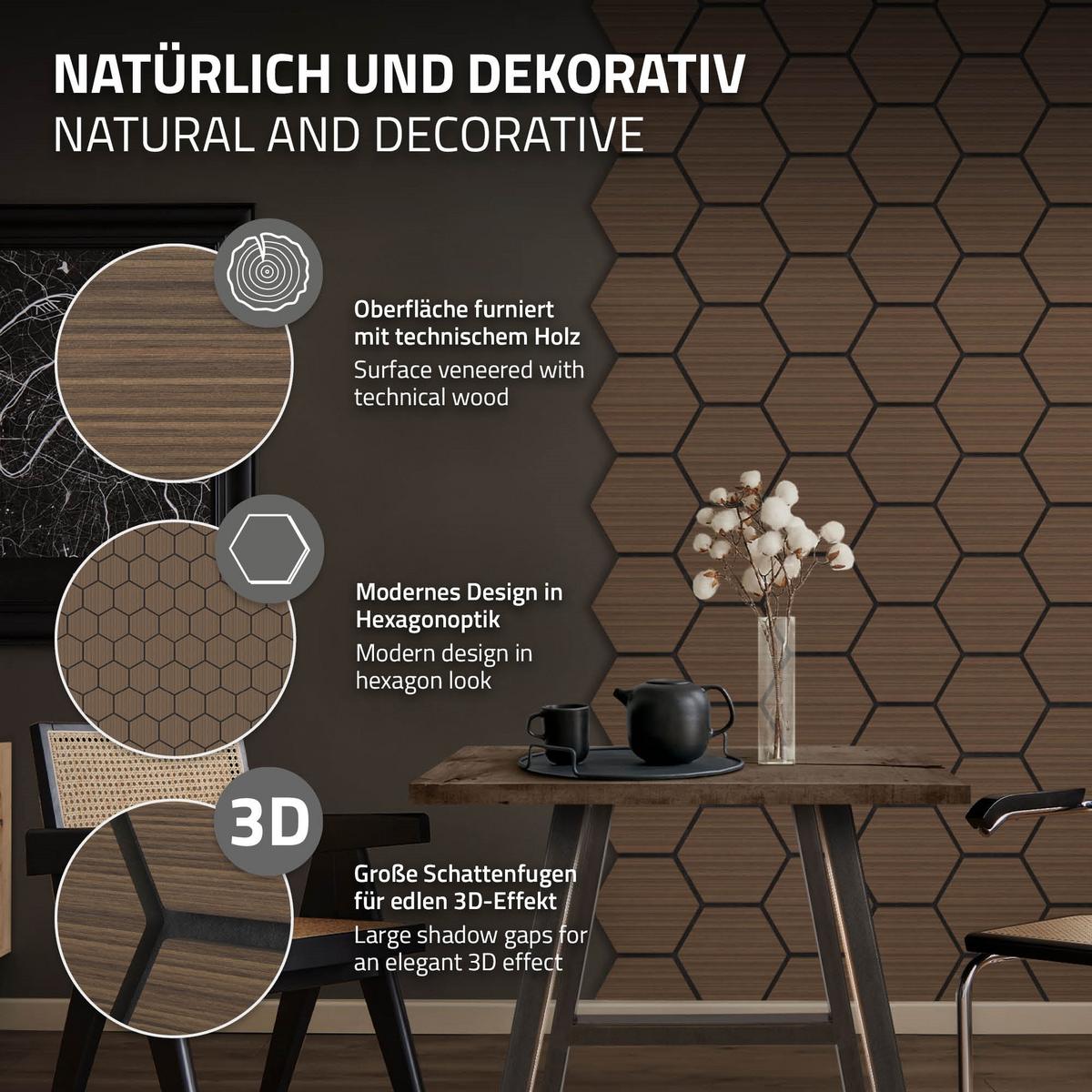 AKUSTIKPANEEL 2er Set Schallschutzplatten Hexagon Braun Holzoptik 66x81x2 cm aus Filz - Braun, Holzwerkstoff (2.1/81.1/66.6cm) - ML-DESIGN