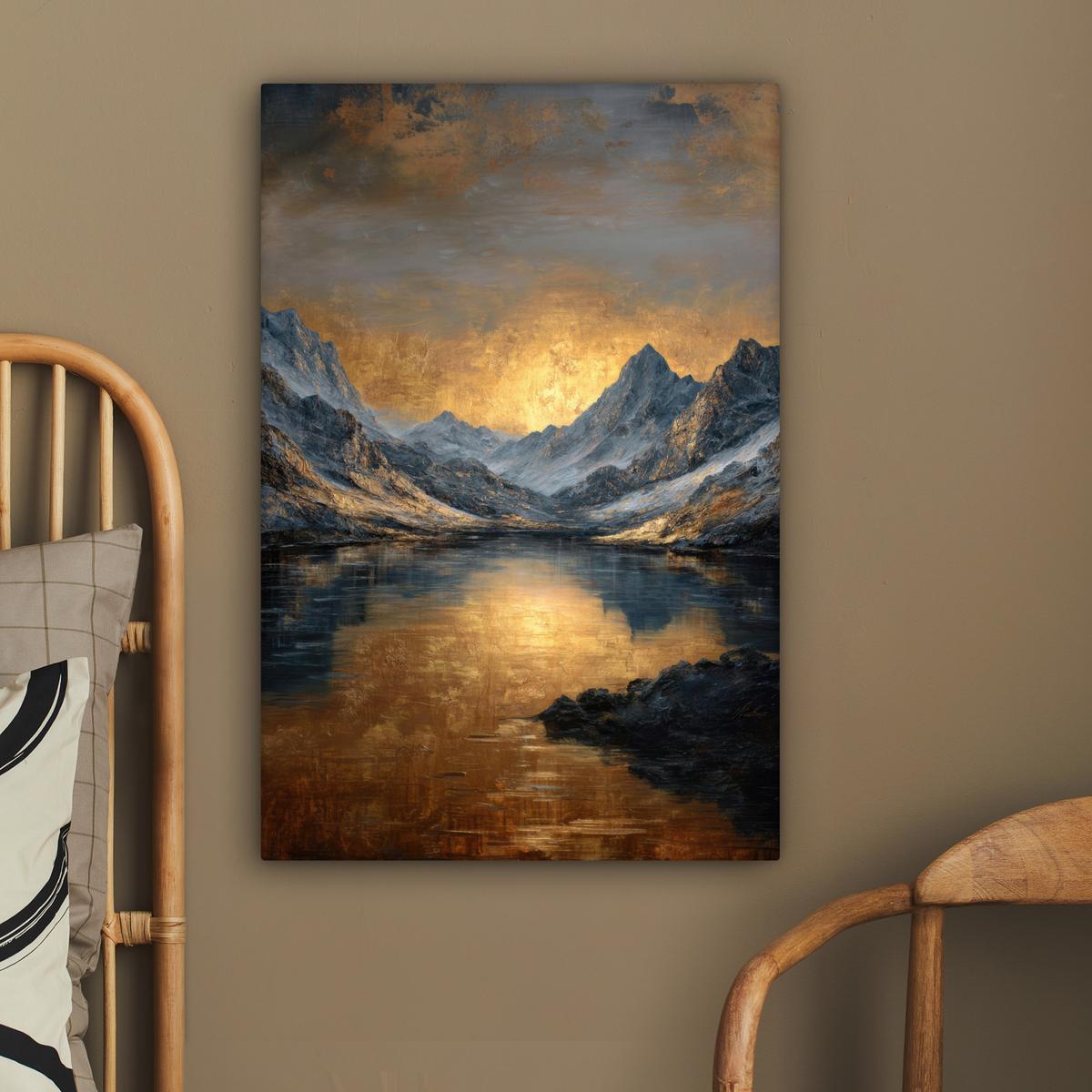 LEINWANDBILD Bergkulisse mit goldenem Sonnenuntergang Wanddeko 40x60 cm - Goldfarben, Textil (40/60cm) - MuchoWow