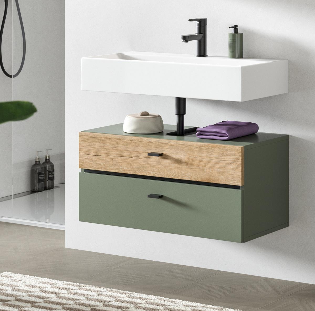 WASCHBECKENUNTERSCHRANK grün, Eiche Evoke 75 cm, Badschrank hängend - Eichefarben/Grün, Holzwerkstoff/Kunststoff (75/35/35cm) - Inn.Furn