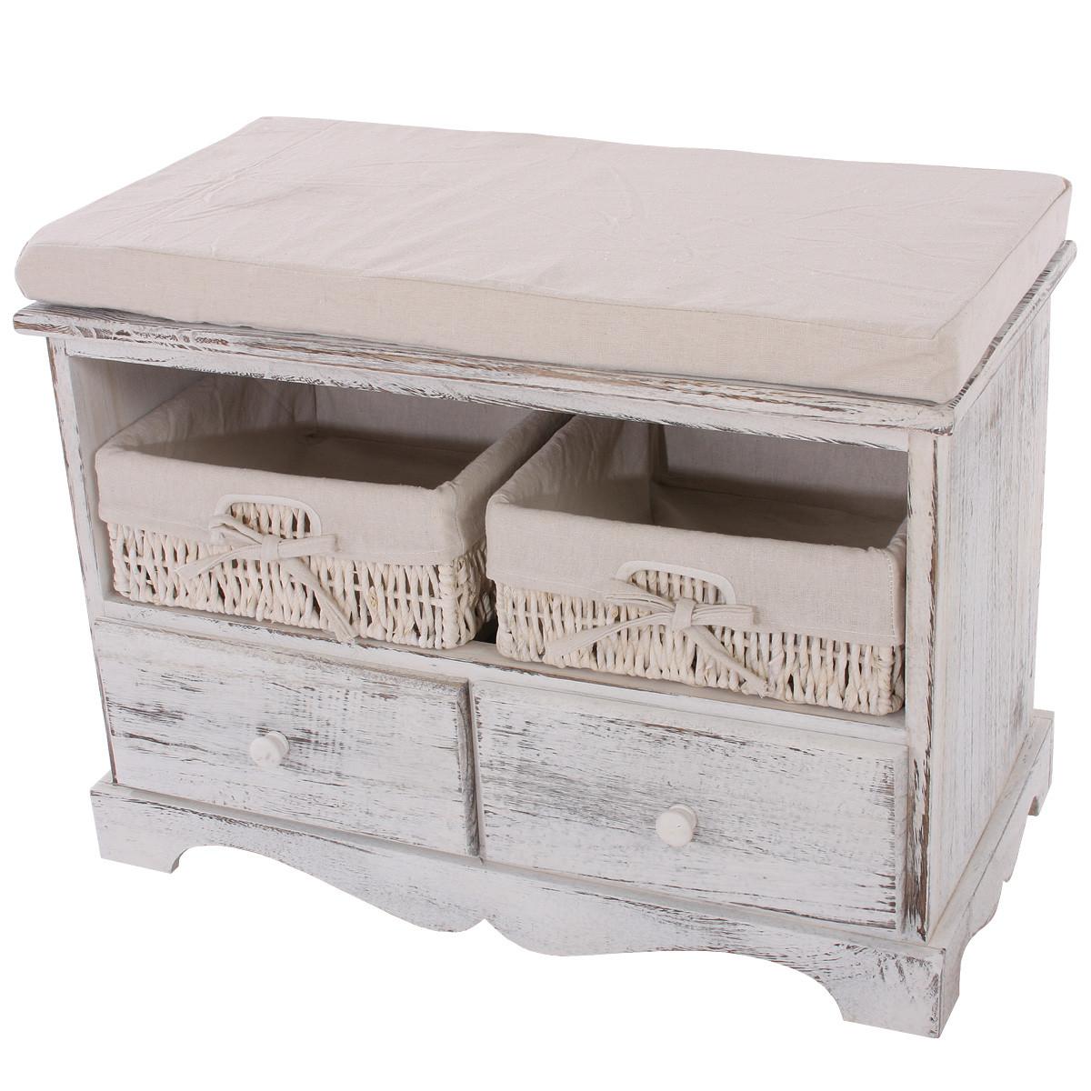SITZBANK 2 KÖRBE SHABBY-LOOK Cremeweiß - Creme/Weiß, Holz (62/42/33cm) - MCW