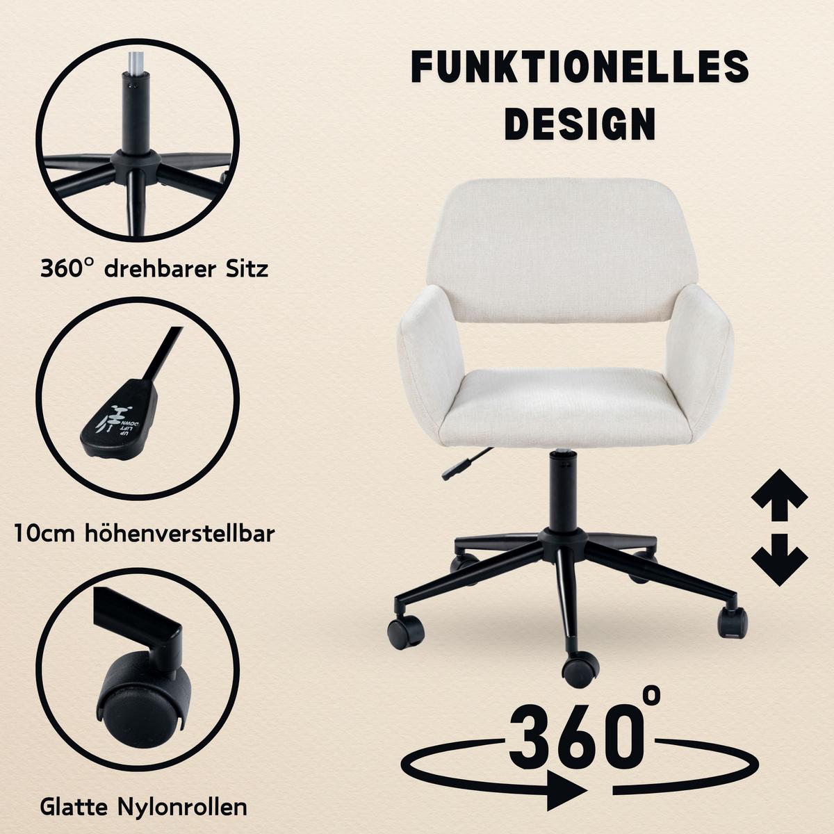 DREHSTUHL Stoffbezug höhenverstellbar & 360° drehbar - Beige/Schwarz, Textil/Metall (54/85/56cm) - Urban Meuble