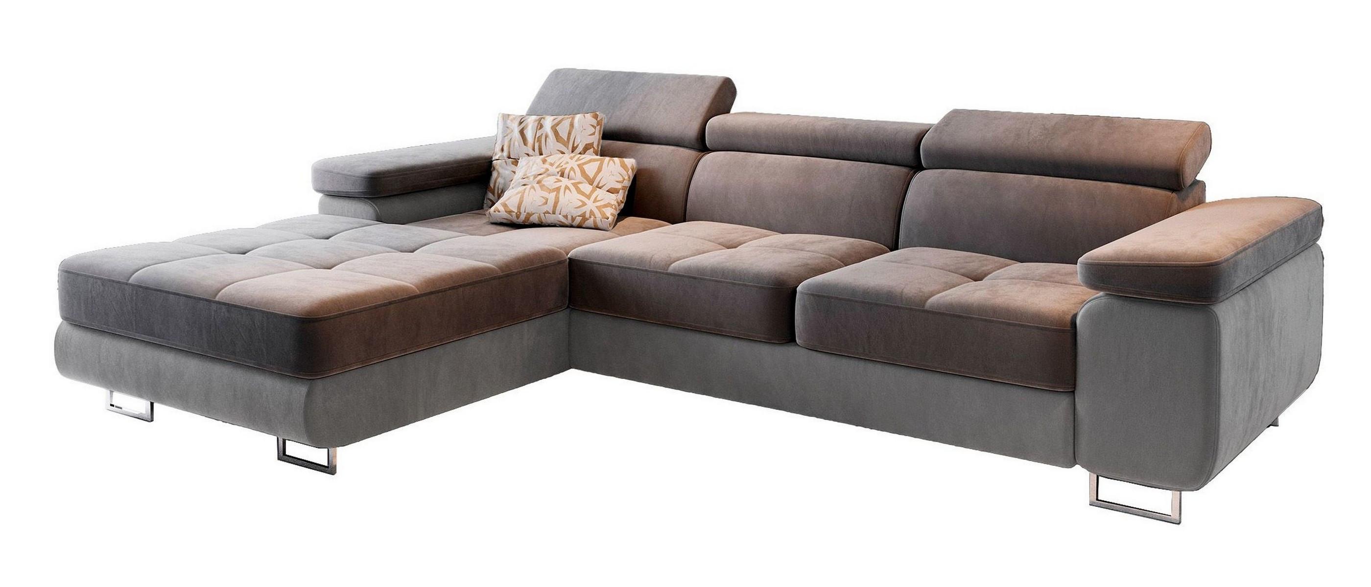 ECKSOFA ELMA L-S Grau Velours-Stoff mit Schlaffunktion - Silberfarben/Grau, Holz/Textil (280/205cm) - MASSENO