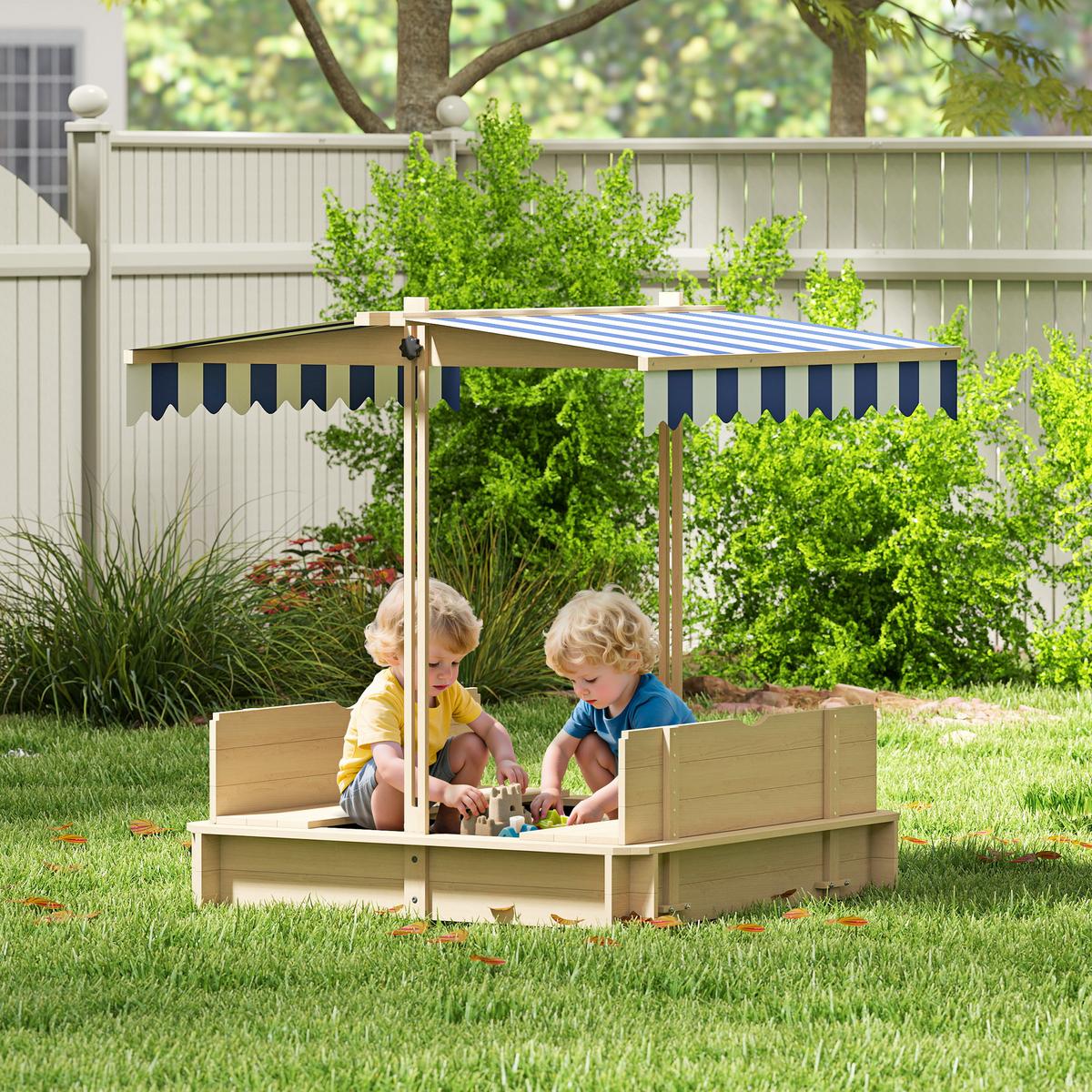 SANDKASTEN mit Dach abnehmbar Rücklehnen Tannenholz 3-7 Jahren Natur - Naturfarben, Holz (106/106/115cm) - Outsunny