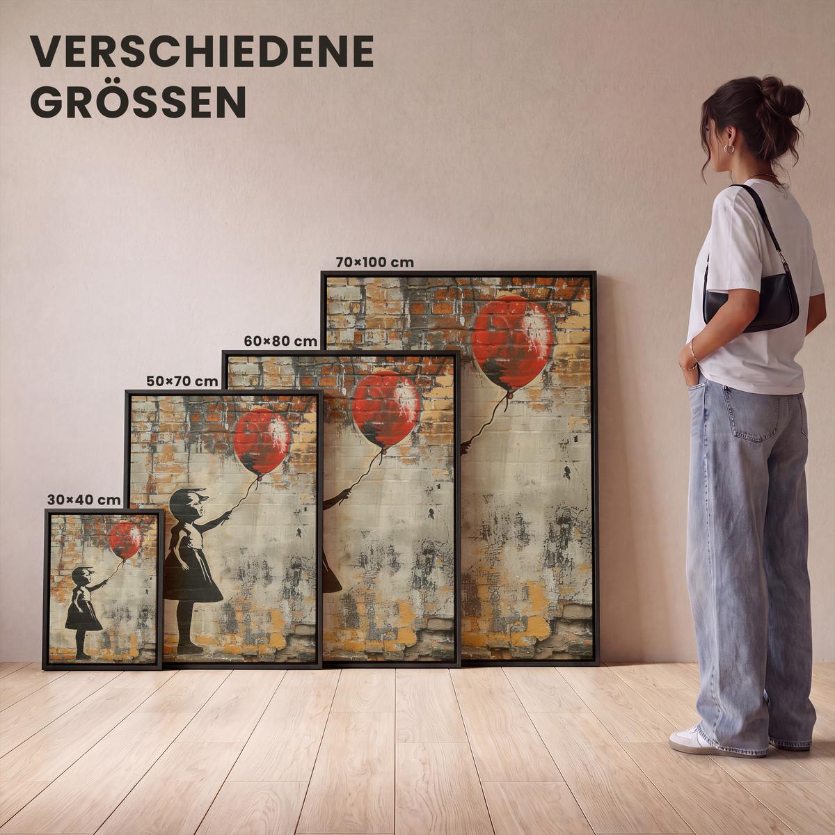 LEINWAND Bilder mit Rahmen - Graffiti - Banksy - Mädchen - Straßenkunst - 30x40 - Sandfarben, Textil (30/40cm) - MuchoWow