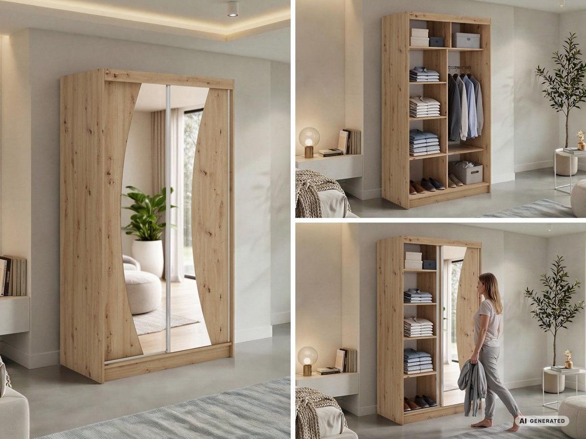SCHWEBETÜRENSCHRANK 120 - VERONA - Eiche Artisan mit Spiegel - Alufarben/Eiche Artisan, Holzwerkstoff/Metall (120/216/61cm) - MKS