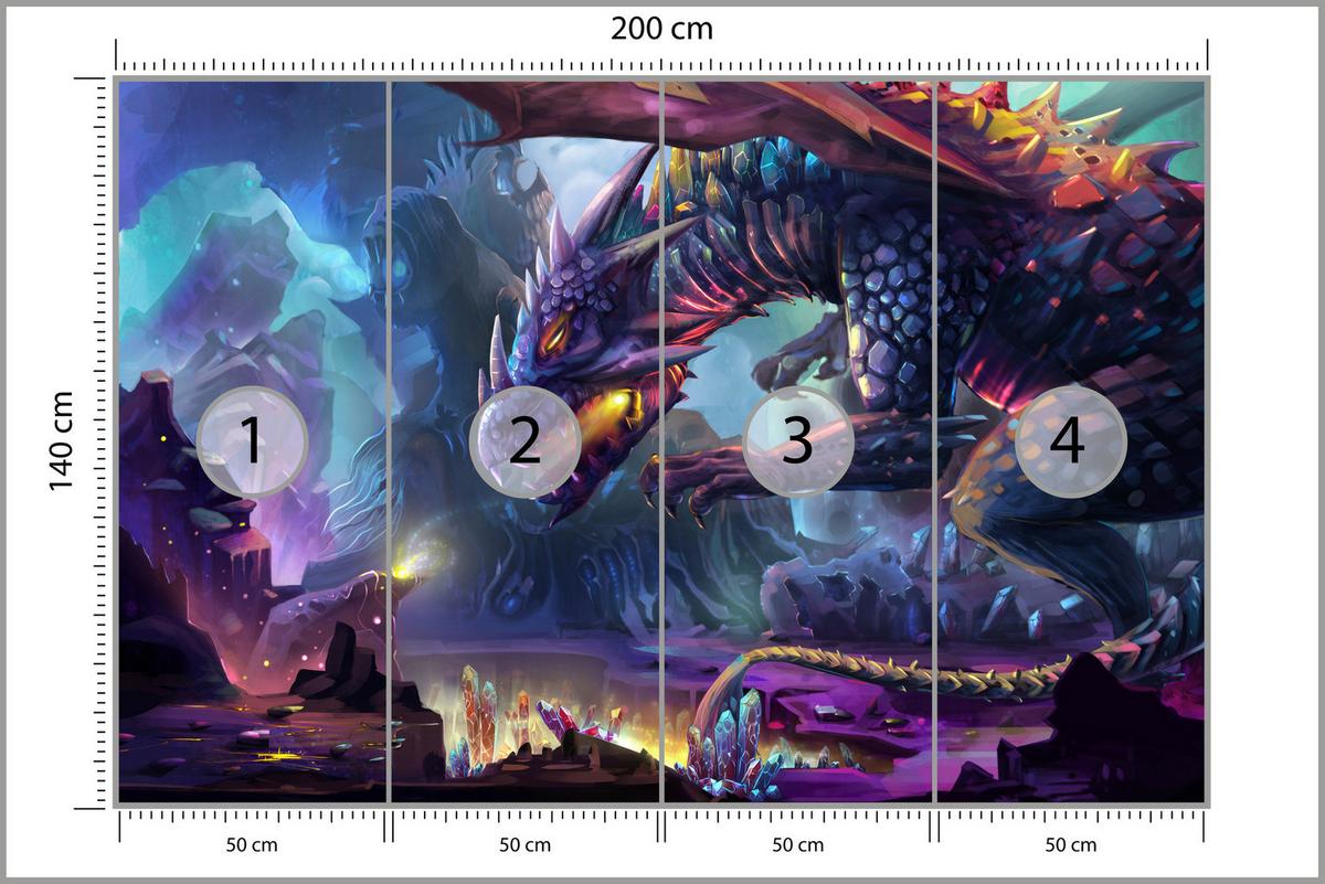 FOTOTAPETE für Jugendzimmer Fantastischer Drache Magische Welt Fantasy 200x140 - Türkis/Violett, Papier (200/140cm) - Muralo