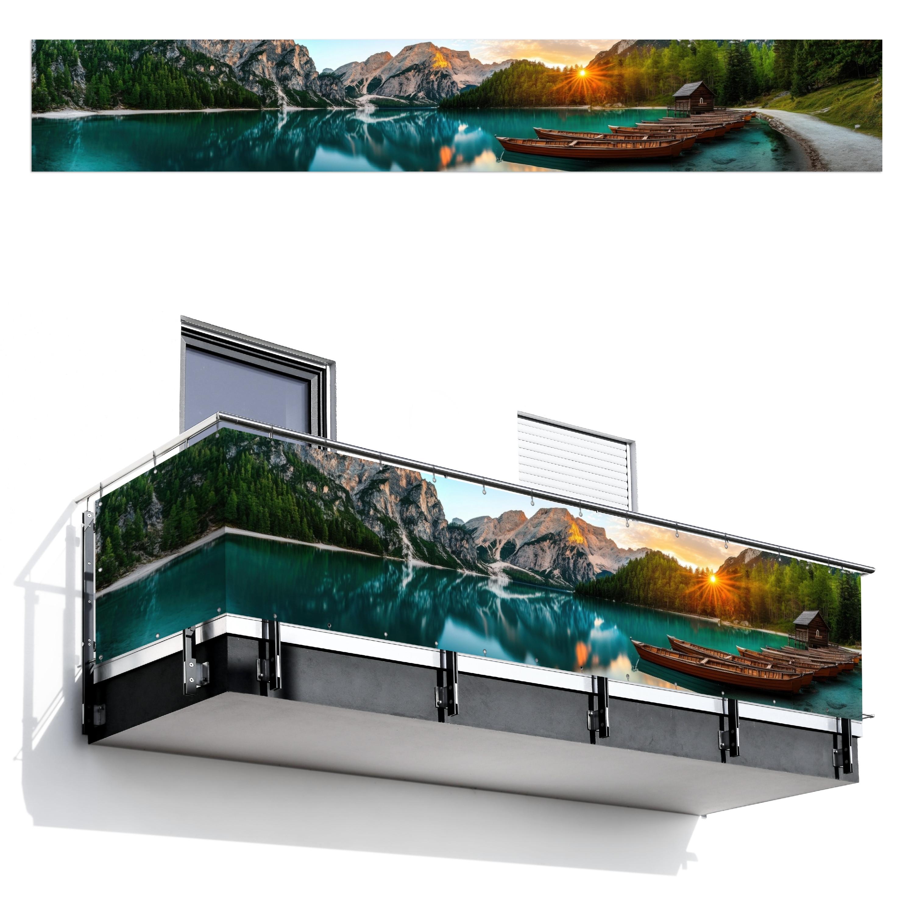 BALKON-SICHTSCHUTZ See - Berge - Sonnenuntergang - Boot Balkon Deko 500x75 cm - Petrol, Kunststoff (500/75cm) - MuchoWow