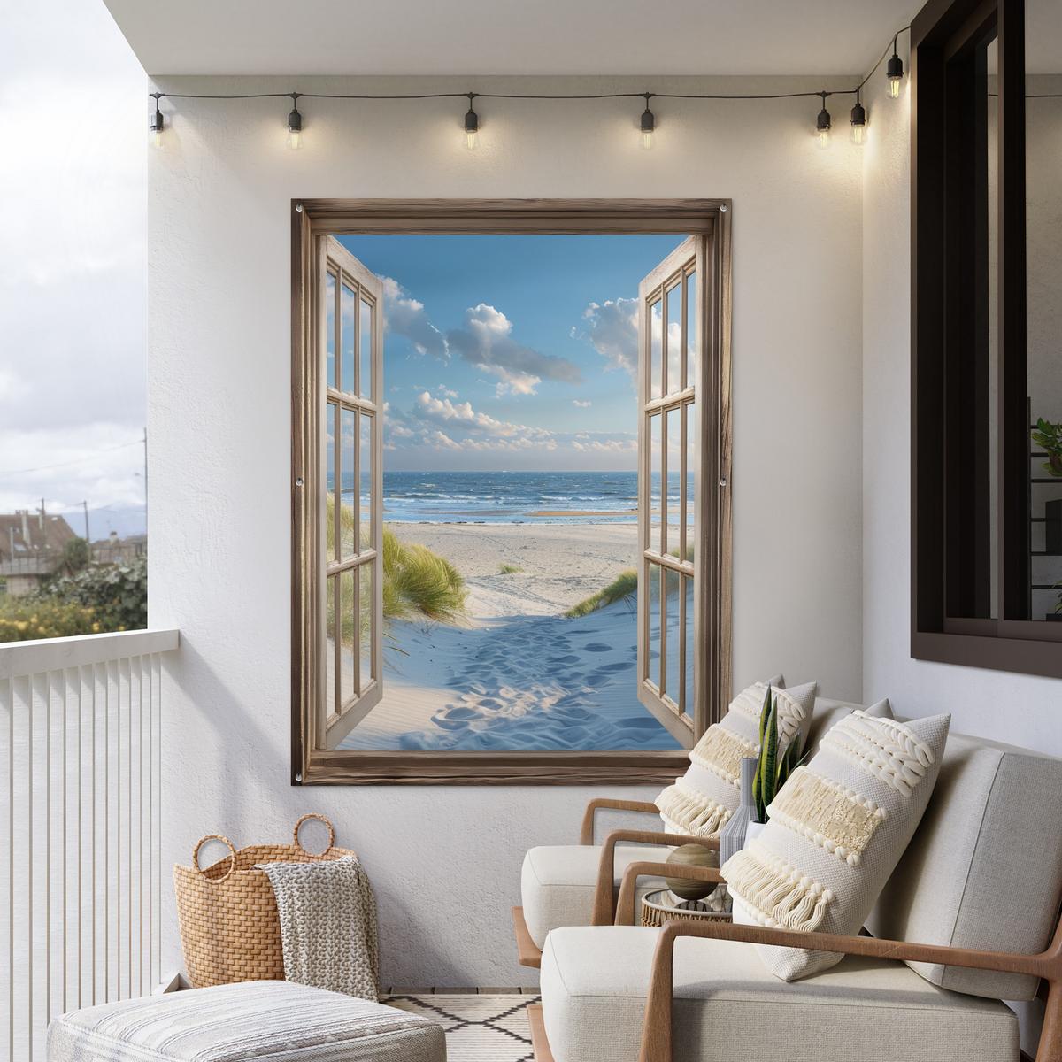 GARTENPOSTER Aussicht - Strand - Fenster - Dünen - Meer Gartendekoration 120x160 cm - Hellblau, Kunststoff (120/160/0.2cm) - OnlyWow