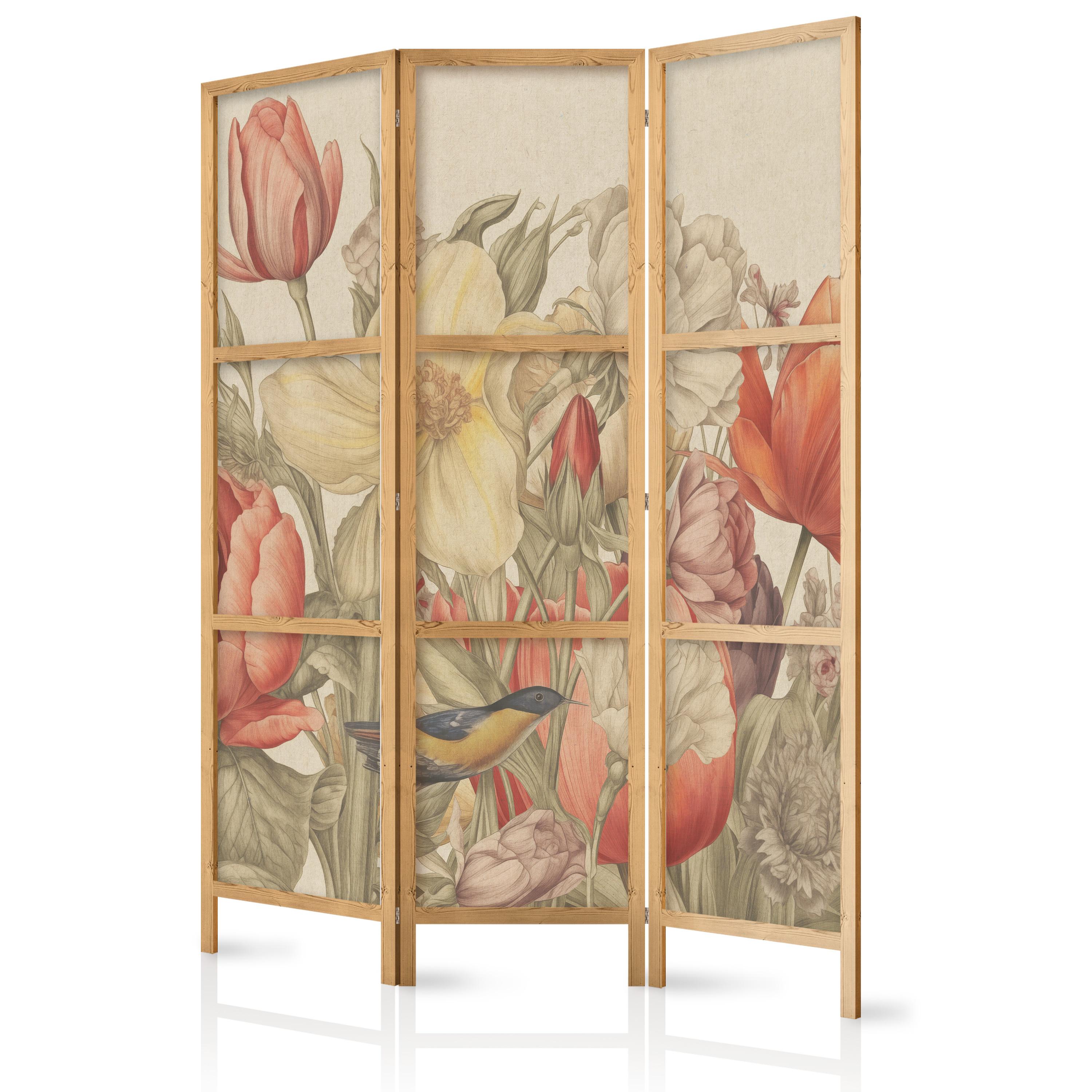 PARAVENT Japanischer 3-tlg 135x172 cm Bunte Feldblumen - Beige, Holz/Textil (135/172/3cm) - Muralo