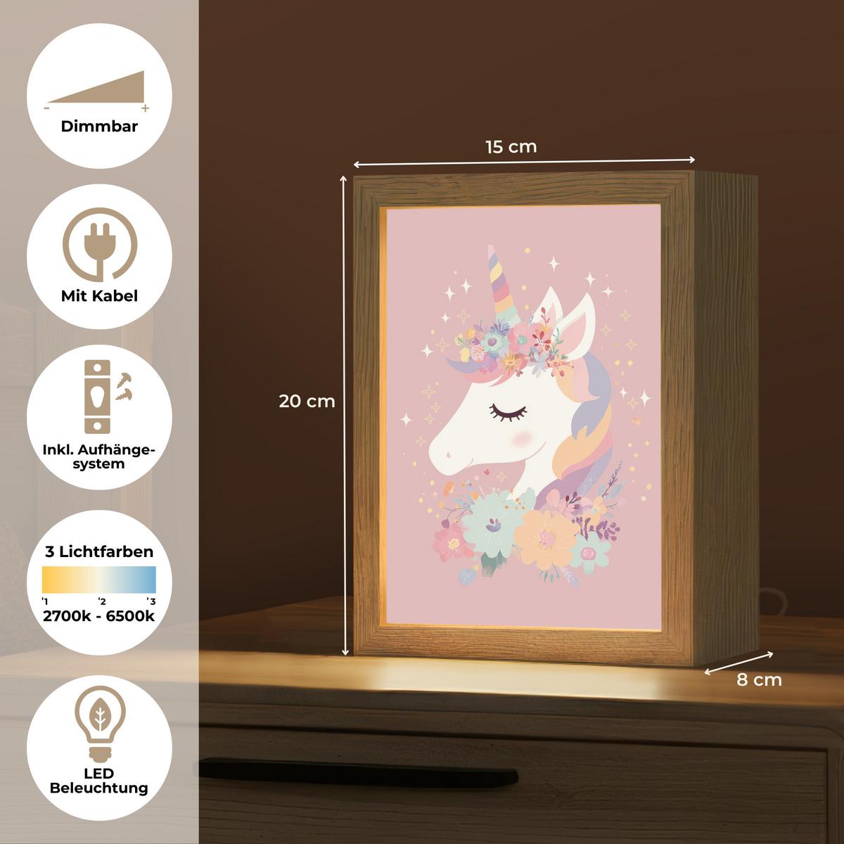 NACHTTISCHLAMPE Einhorn - Rosa - Blumen 15x20 cm - Rosa, Holzwerkstoff (8/15/20cm) - OnlyWow