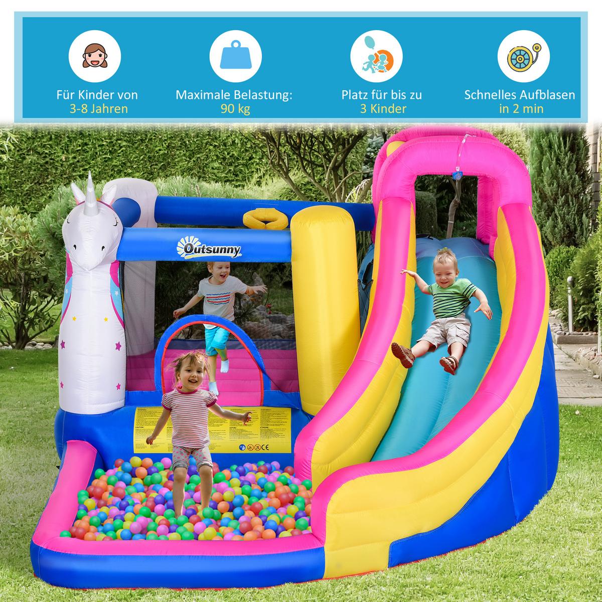 HÜPFBURG mit Rutsche aufblasbare Spielburg mit Gebläse Wasserpark für Kinder - Multicolor, Textil (360/305/210cm) - Outsunny