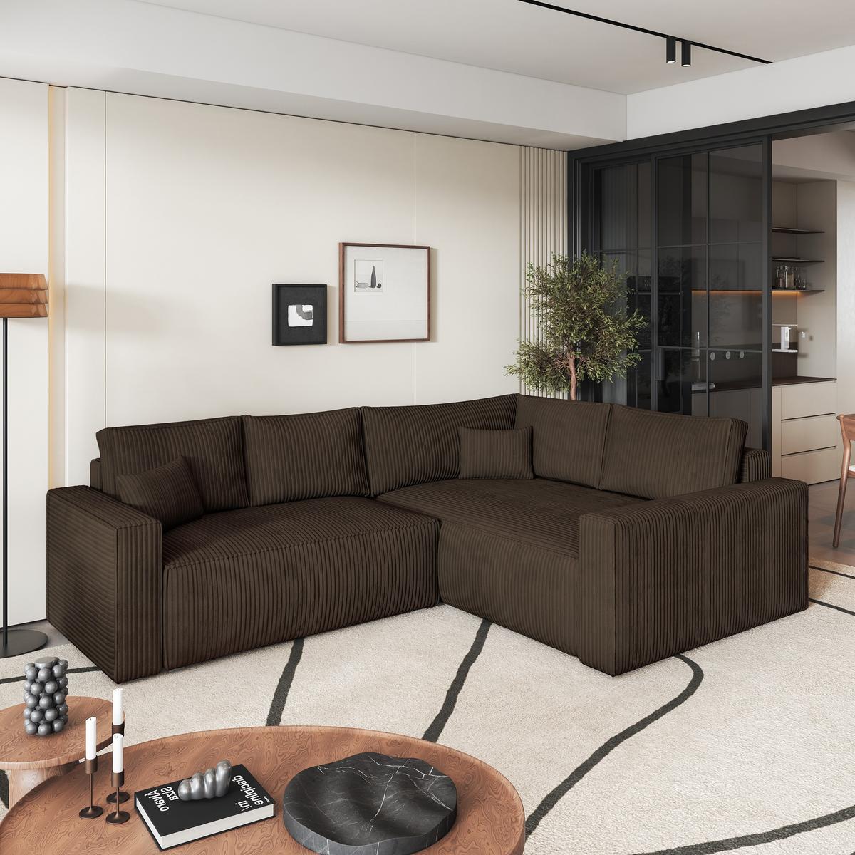 ECKSOFA ERONIS R-S Braun Kordstoff mit Schlaffunktion - Braun, Holz (265/194cm) - MASSENO