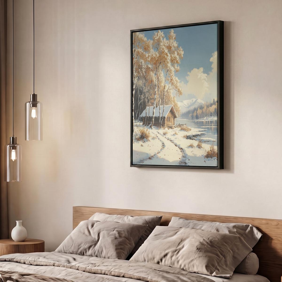 LEINWAND Bilder mit Rahmen - Winter - Schnee - Zuhause - Natur - 50x70 - Hellbraun, Textil (50/70cm) - MuchoWow