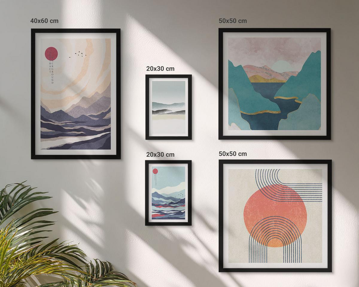 BILDER SET 5er Set - 50x50 cm & 20x30 cm & 40x60 cm Schwarzer Rahmen - Farbenfrohe Muster der Japandi-Flussberge - Schwarz, Kunststoff (40/60cm) - TULUP