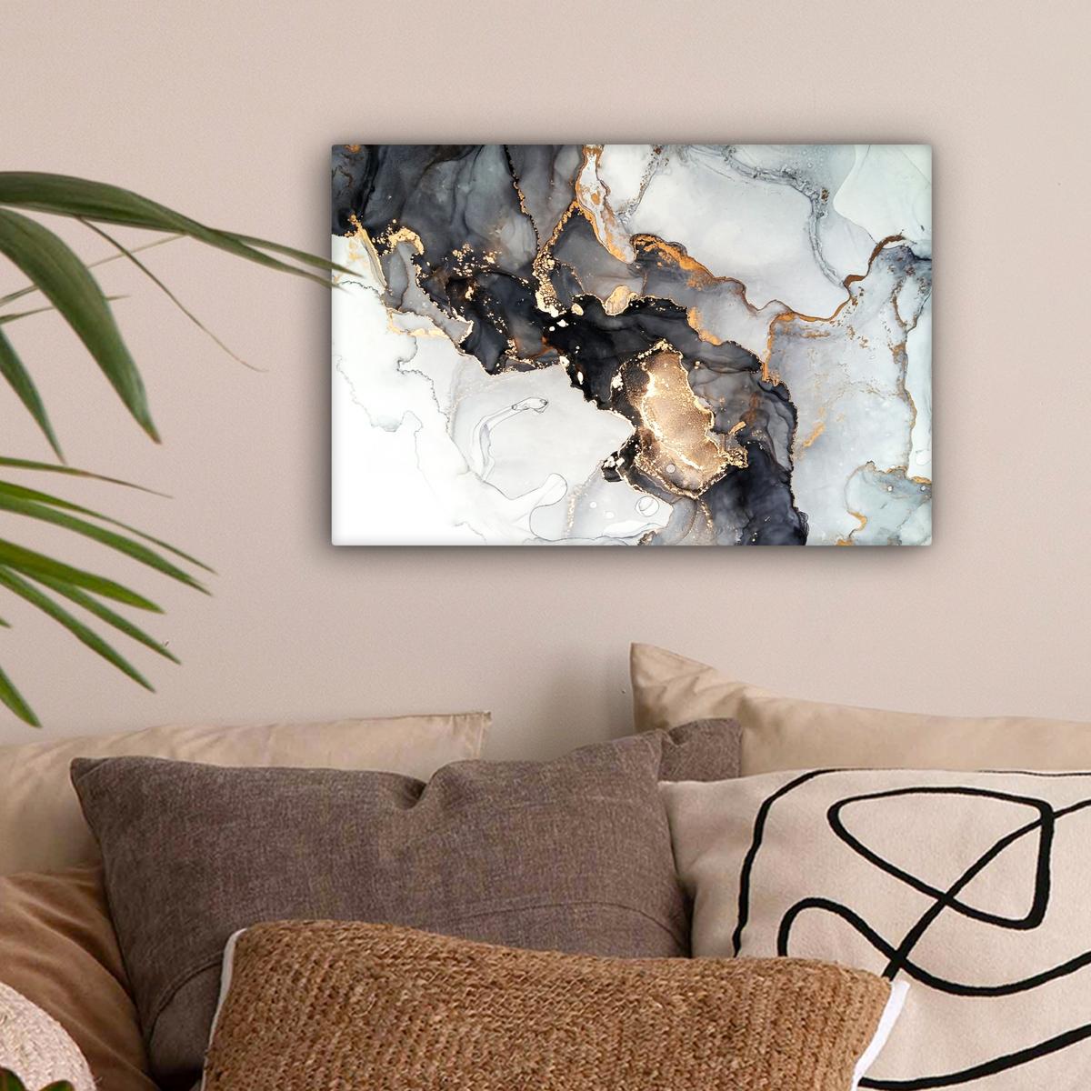 LEINWANDBILD Marmor - Schwarz - Weiß - Gold - Luxus - Abstrakt Deko Schlafzimmer 30x20 cm - Goldfarben, Textil (30/20cm) - MuchoWow