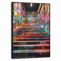 LEINWAND Bilder mit Rahmen - Treppe - Graffiti - Farben - Kunst - 60x80 - Multicolor, Textil (60/80cm) - MuchoWow