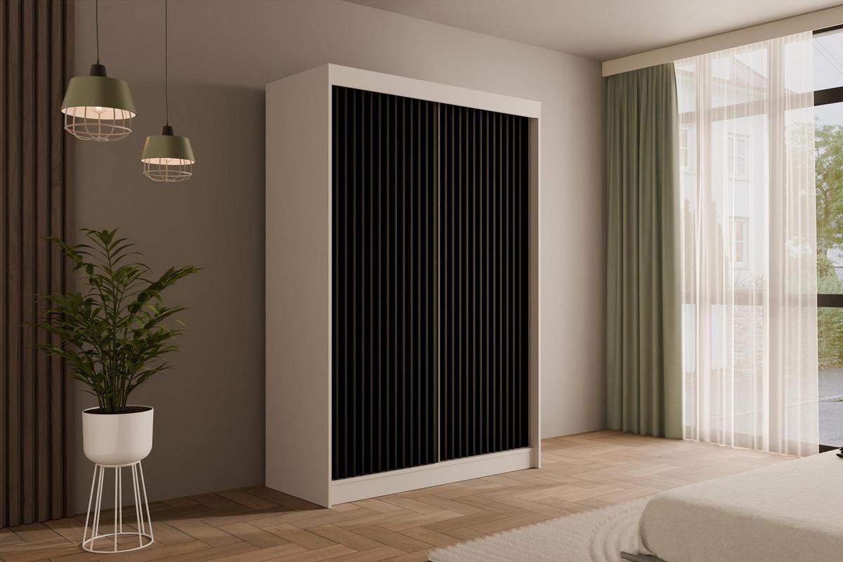 KLEIDERSCHRANK mit Lamel-Schiebetüren VILANv2 - 120 cm Weiß + Lamelle schwarz - Schwarz/Weiß, Holzwerkstoff (120/215/61cm) - ALTDECOR