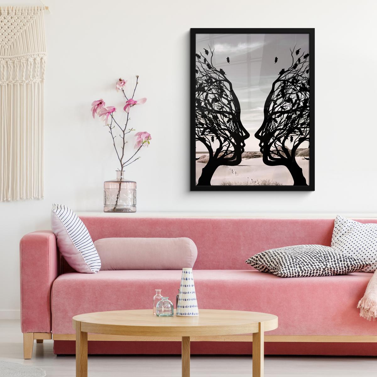 POSTER MIT RAHMEN Strand - Meer - Menschen - Baum - Moderne Kunst Posterleiste 60x80 cm - Hellgrau, Papier (60/80cm) - MuchoWow