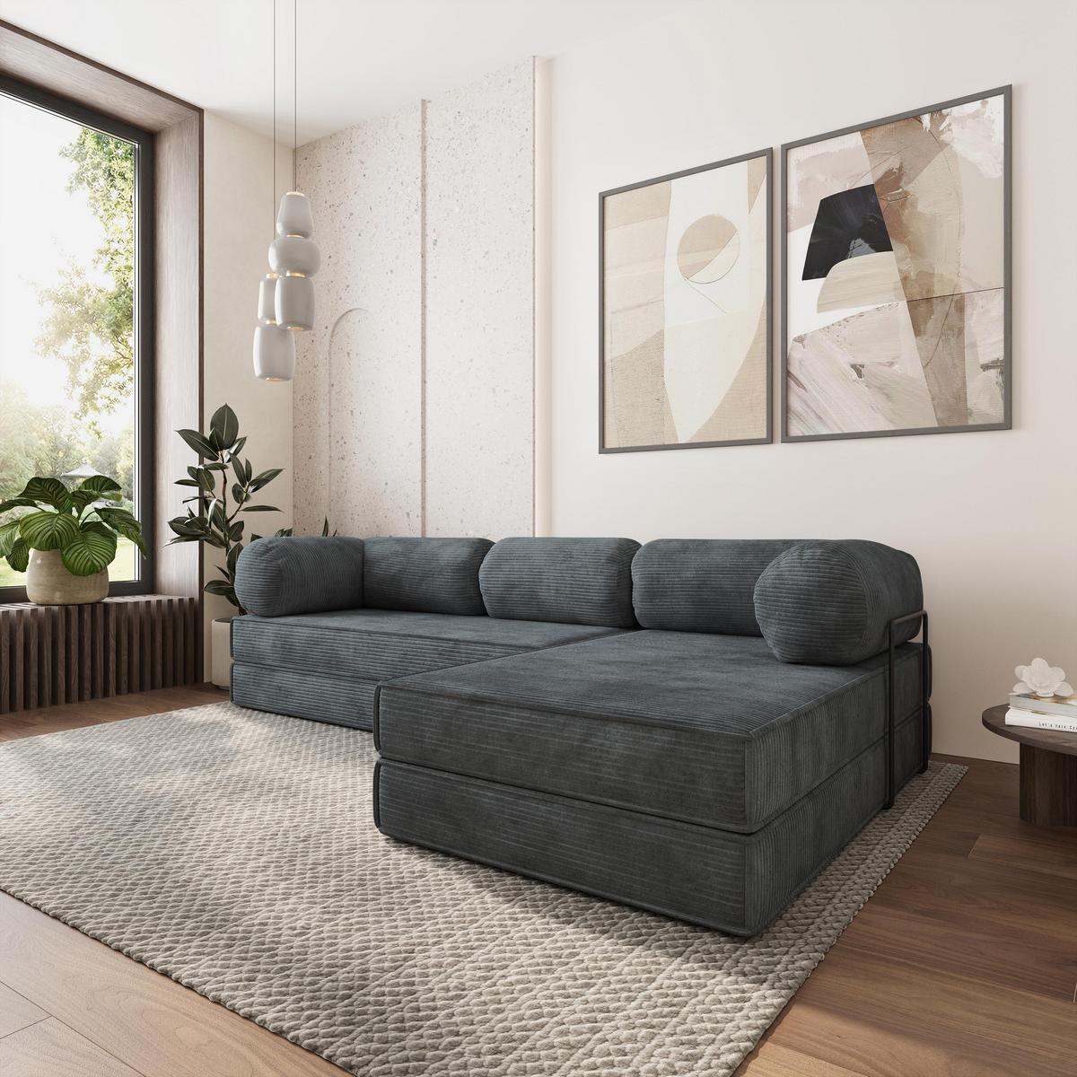 ECKSOFA ETERA modulares Boneless Sofa mit Schlaffunktion Grau Kordstoff - Dunkelgrau, Textil (270/160cm) - MASSENO