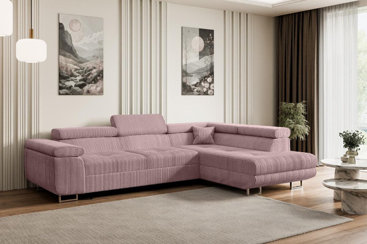 ECKSOFA mit Schlaffunktion und Bettkasten GUSA-L 272x202x107 cm Rosa Cord - Silberfarben/Rosa, Holzwerkstoff/Textil (272/202cm) - ALTDECOR