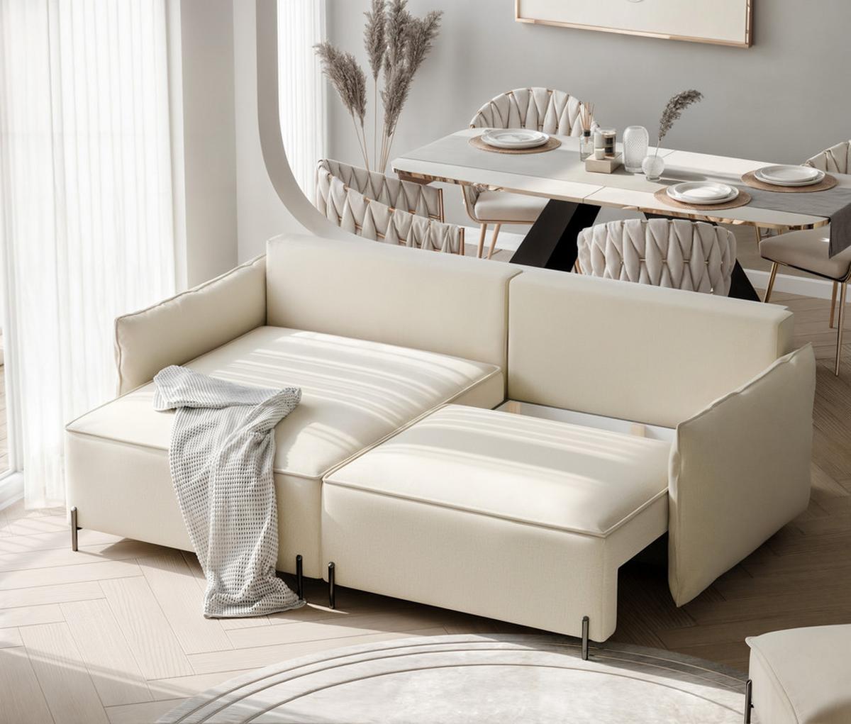 ECKSOFA MARCO Rechts, mit Schlaffunktion und Bettkasten, Creme - Creme, Textil/Metall (221/148cm) - Idohome