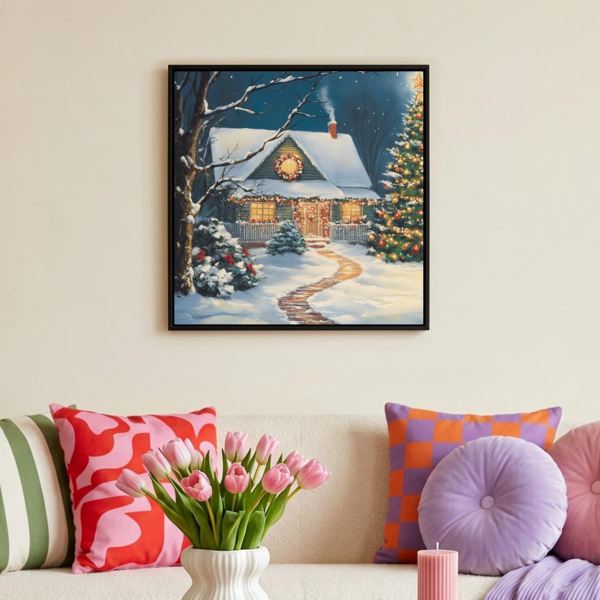 LEINWAND Bilder mit Rahmen - Weihnachten - Weihnachtsbaum - Winter - Zuhause - Schnee - 50x50 - Smaragdgrün, Textil (50/50cm) - MuchoWow