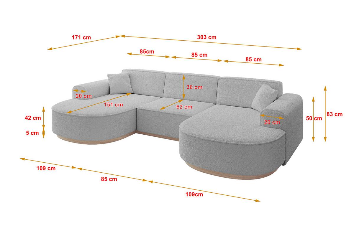 WOHNLANDSCHAFT MARI-U1-v1 - 303x171x83 cm Hellgrau Bouclé - Hellgrau, Holzwerkstoff/Textil (303/83/171cm) - ALTDECOR