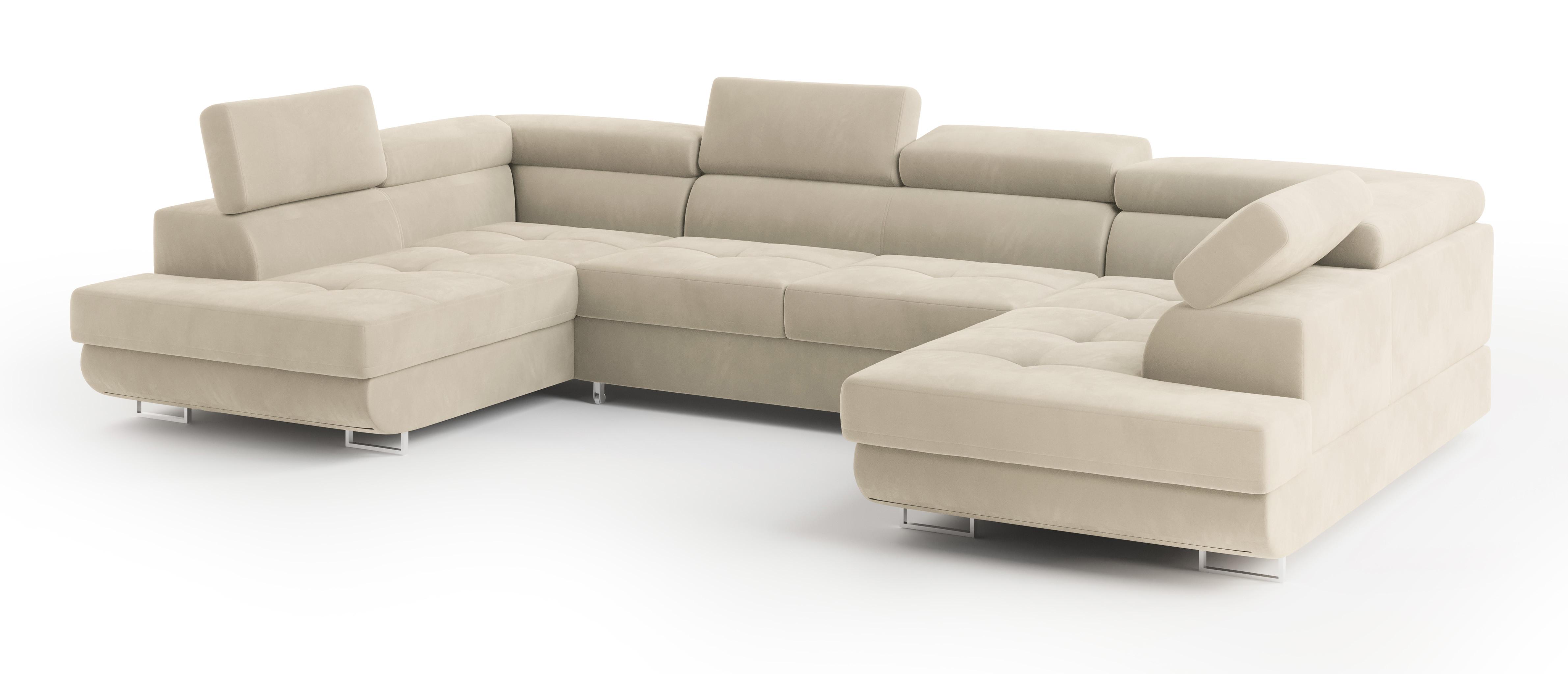 WOHNLANDSCHAFT RAGGIO Creme Velours-Stoff mit Schlaffunktion - Creme, Holz (336/90/202cm) - MASSENO