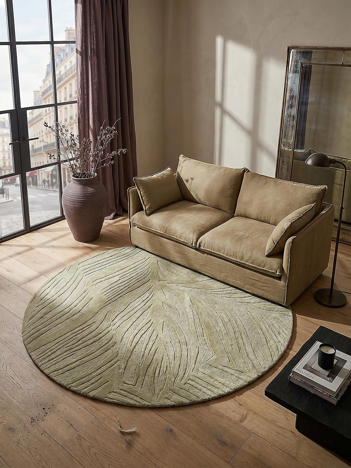 WOLLTEPPICH LEVEN, floral, Grün-Beige, Ø 160 cm - Grün, Textil (160/160cm) - KADIMA DESIGN