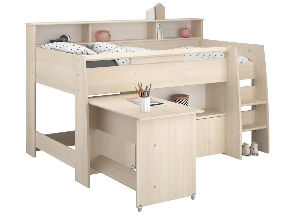 HOCHBETT Jugendzimmer mit Schreibtisch ausziehbar Bett 90 x 200 - Silberfarben/Weiß, Holz/Kunststoff (90/200cm) - Parisot Meuble
