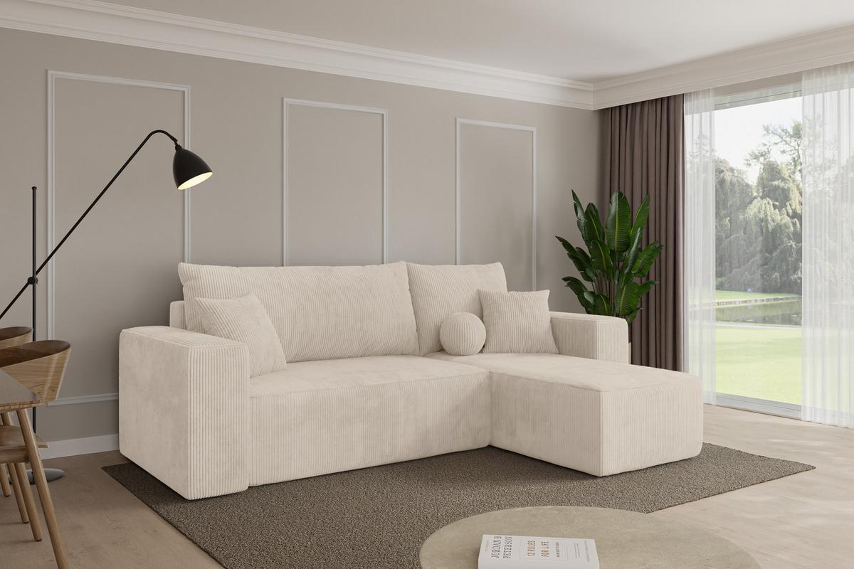 ECKSOFA mit Schlaffunktion Ottomane Rechts SENO-L 249x139x85 Beige Cord - Beige/Schwarz, Holzwerkstoff/Kunststoff (249/139cm) - ALTDECOR