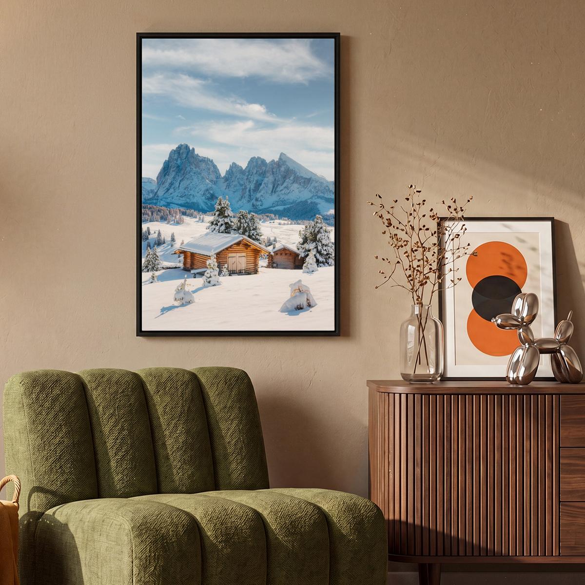 LEINWAND Bilder mit Rahmen - Winter - Hütte - Berge - Aussicht - Schnee - 60x90 - Eichefarben, Textil (60/90cm) - MuchoWow