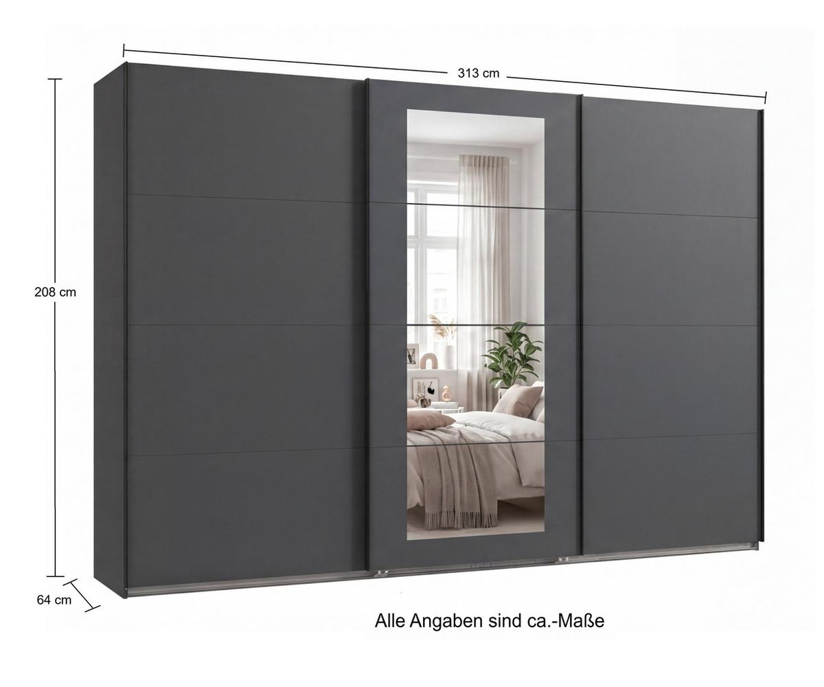 SCHWEBETÜRENSCHRANK 3-türig B313/H208/64 cm Kleiderschrank in Grafit, mittig Spiegel, Griffe Schwarz / 22633 - Graphitfarben/Schwarz, Holzwerkstoff/Metall (313/208/64cm) - luma-home