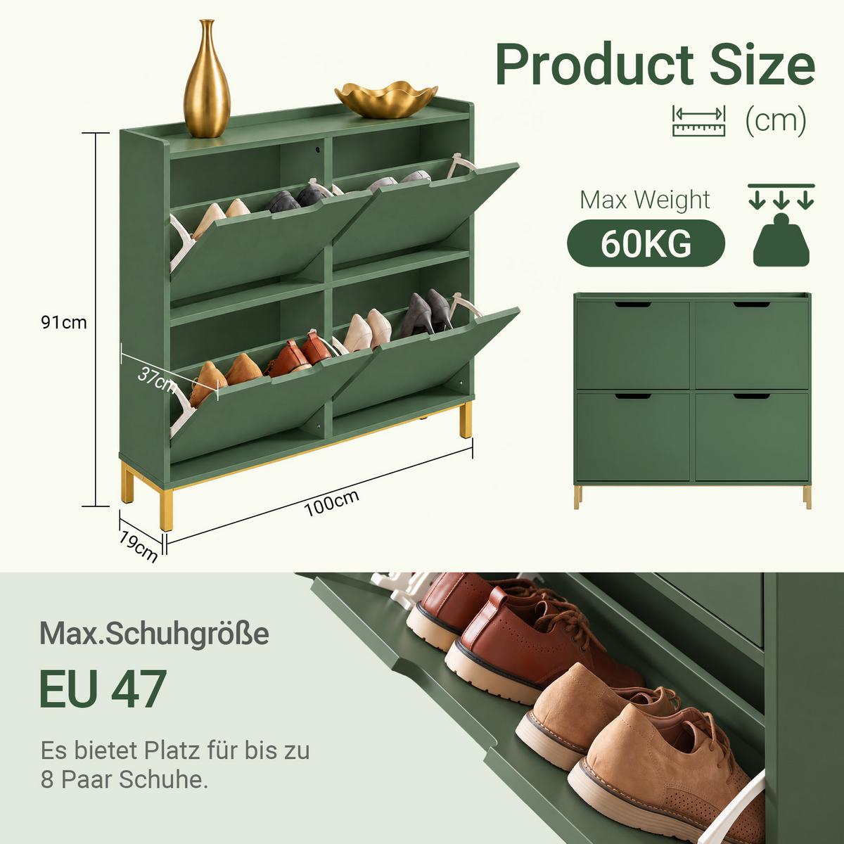 SCHUHSCHRANK dunkelgrün, 100x91x19 cm, 4 Klappen für 8 Paar, goldene Metallfüße, bis EU 47, nur 19 cm tief - Dunkelgrün, Holzwerkstoff/Metall (100/91/19cm) - SoBuy