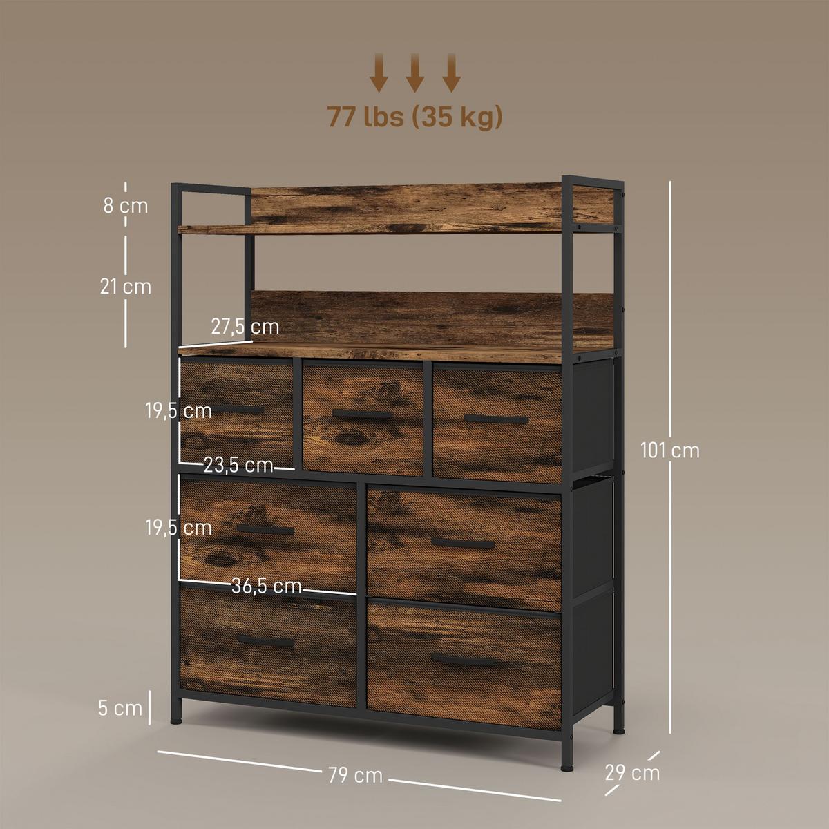 KOMMODE aus Stoff mit 7 Schubladen, Rustikal-Braun - Braun, Textil (29/101/79cm) - HOMCOM