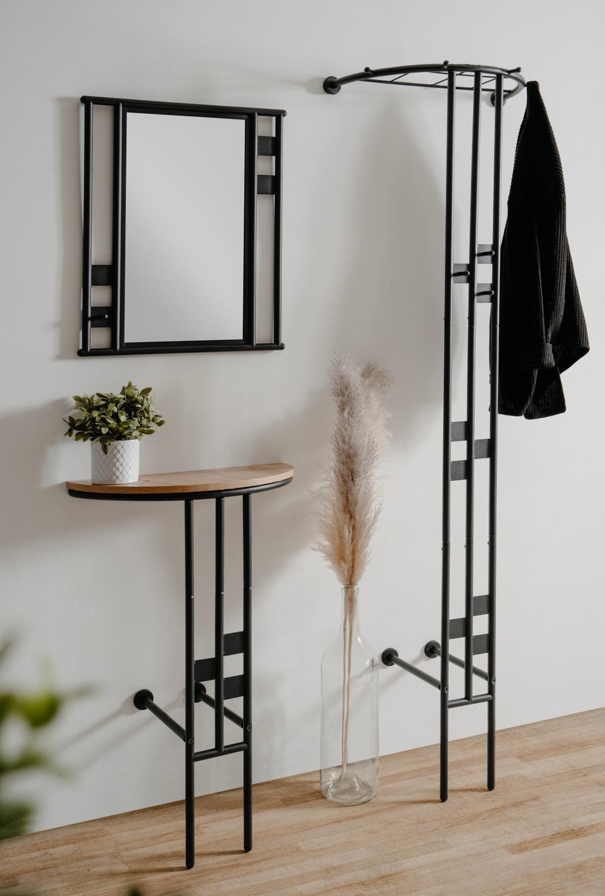 GARDEROBEN-SET 3-teilig schwarz Metall 130 cm, Flurgarderobe mit Spiegel - Schwarz, Metall (130/185/28cm) - Furn.Design
