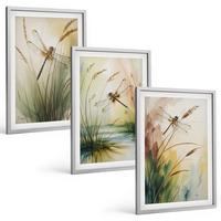 BILDER SET 3er Set - 40x60 cm Silberner Rahmen - Libellen im Gras, Wassermalerei - Silberfarben, Kunststoff (40/60cm) - TULUP