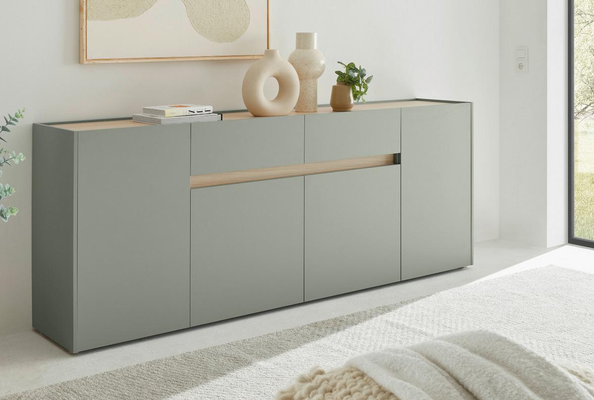 SIDEBOARD in Salbei Grün mit Eiche, große Kommode 4-türig mit Schubkästen, 223 x 87 cm - Salbeigrün/Eichefarben, Holz/Holzwerkstoff (223/87/40cm) - Furn.Design