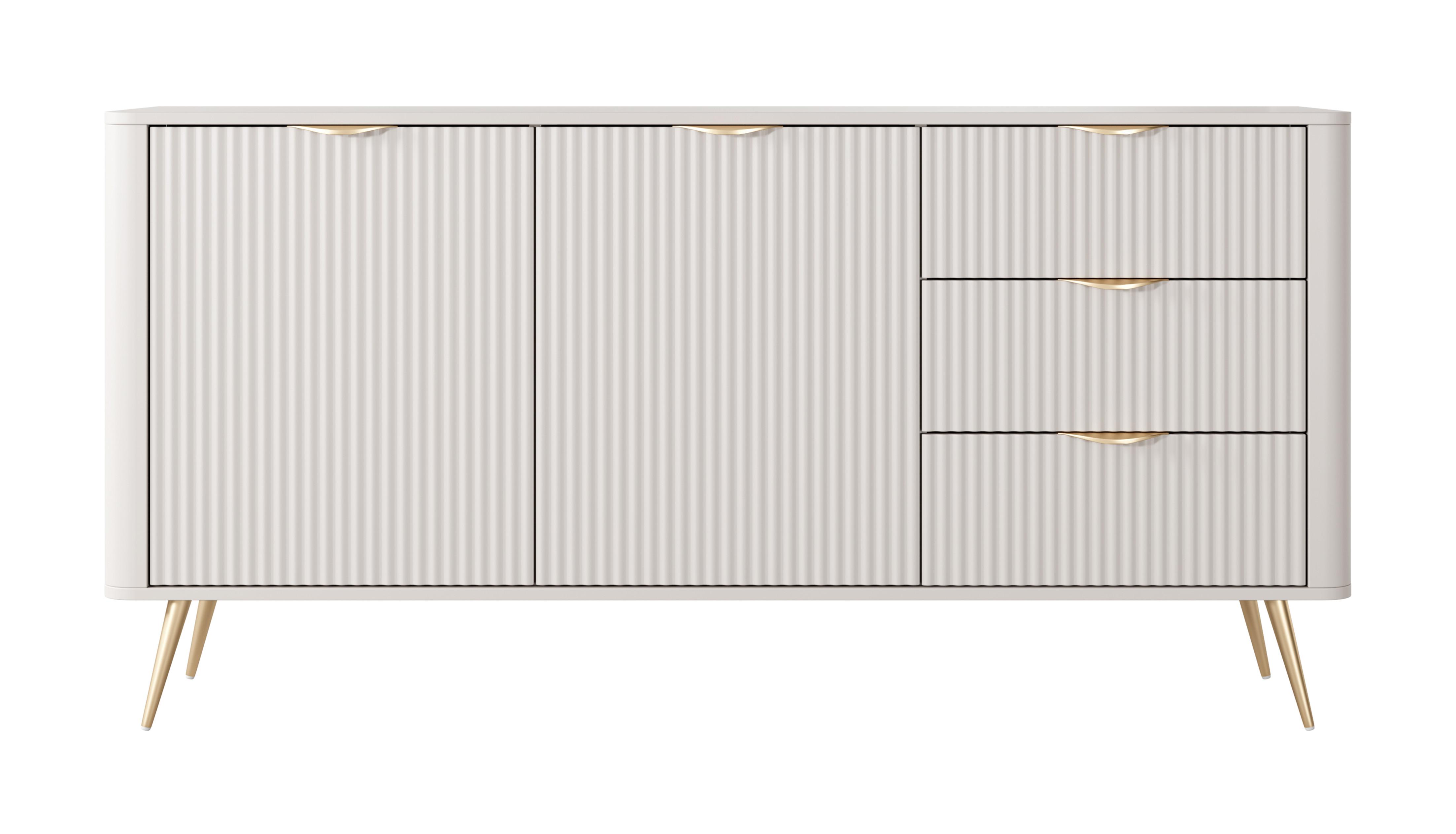 SIDEBOARD Vespasia 2T 3S Beige 163,2/81,2/38 cm – Geriffelten Fronten - Beige/Goldfarben, Holzwerkstoff/Metall (163.2/81.2/38cm) - AX Living