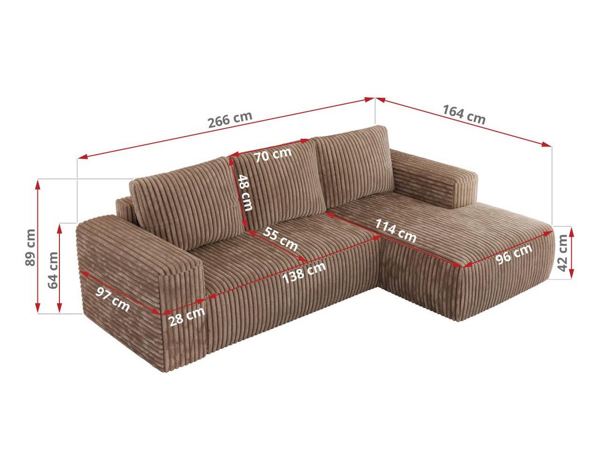 ECKSOFA TRENTINO L Braun Cord - Links - Schwarz/Braun, Kunststoff/Textil (266/164cm) - MKS