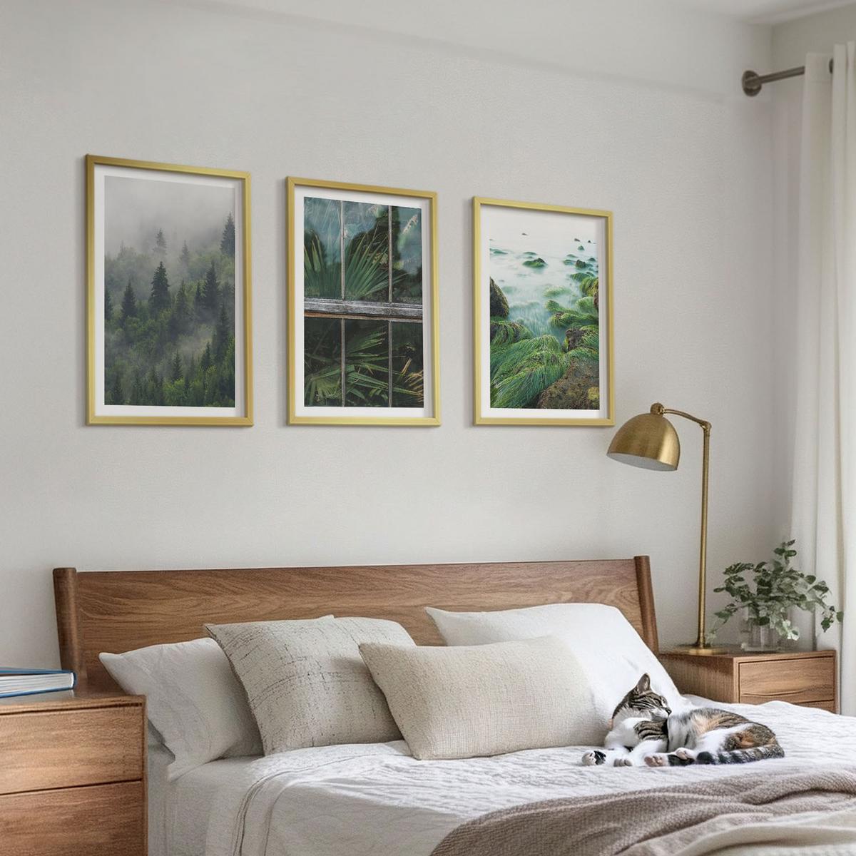 BILDER SET 3er Set - 40x60 cm Goldrahmen - Waldnebel, Flussufer, Gewächshaus - Goldfarben, Kunststoff (40/60cm) - TULUP